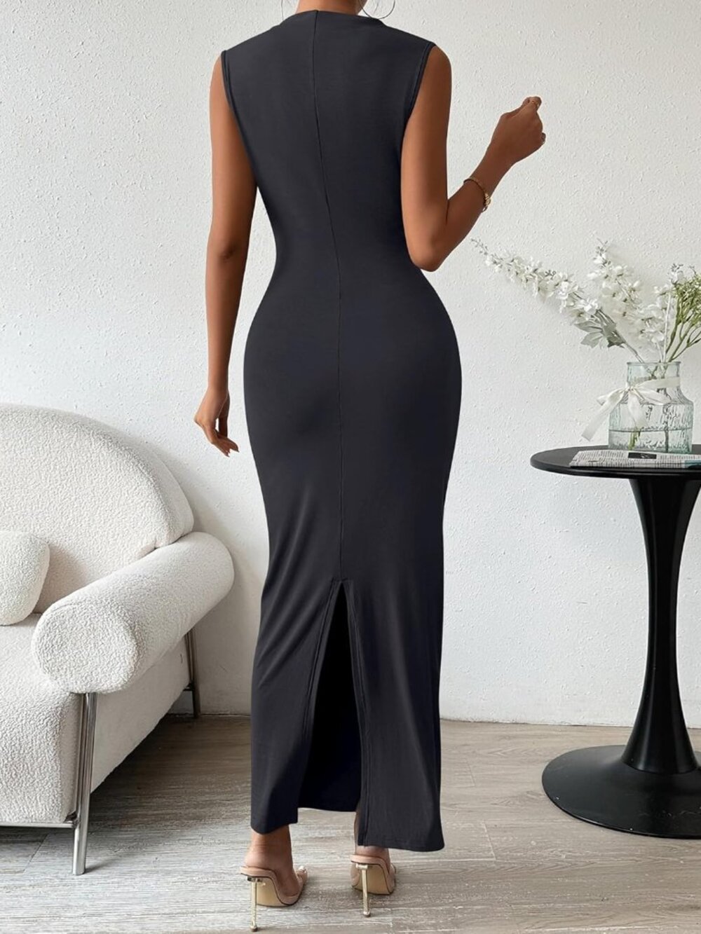 Women's Dark Grey Ruched Bodycon Sleeveless Slit Elegant Cocktail Maxi Dress - Picture 4 of 6